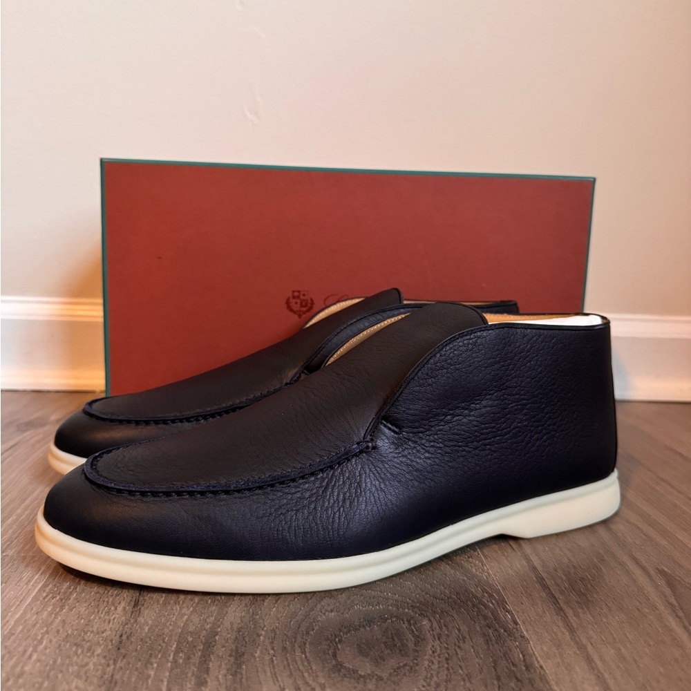Loro Piana Navy Leather Slip-On Loafers